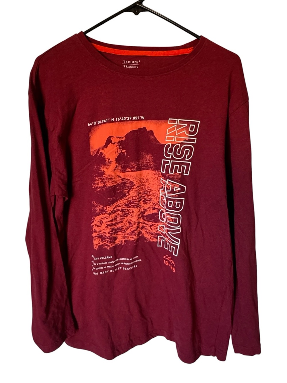 High End Triumph Tragedy Rise Above Graphic Long Sleeve Shirt Burgundy Men’s L